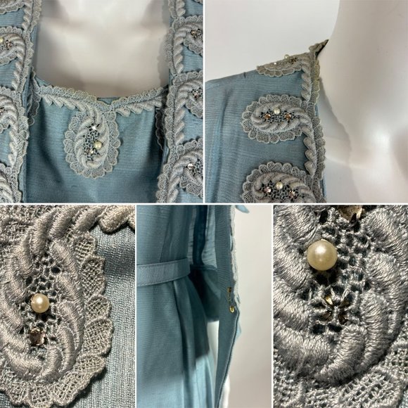 Vintage 1950s Dress Set Women's Small Faux Silk Blue Cocktail Outfit - Picture 9 of 15